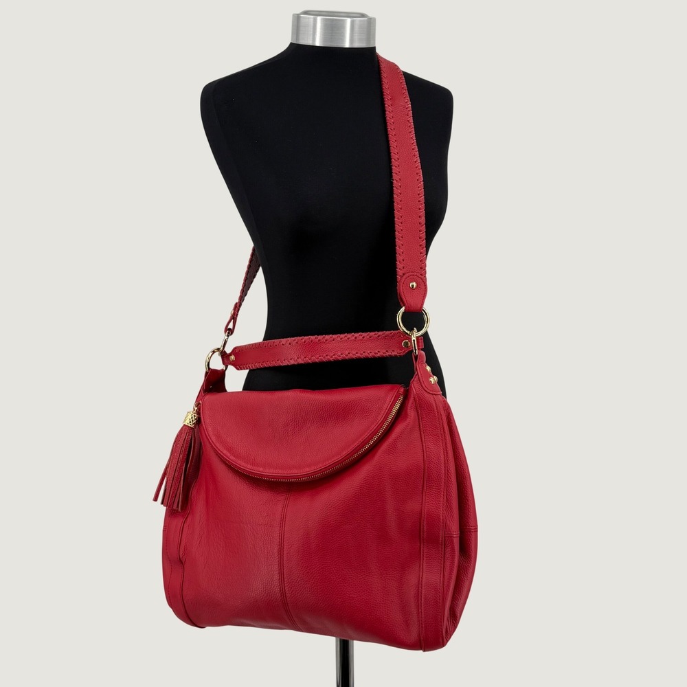 ONNA EHRLICH Rachel Red Pebbled Leather Large Hobo Bag Purse Tassle Designer